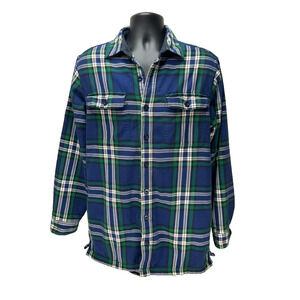 Vintage LL Bean Fleece Lined Shacket Heavy Flannel Shirt Blue Tartan Med Tall